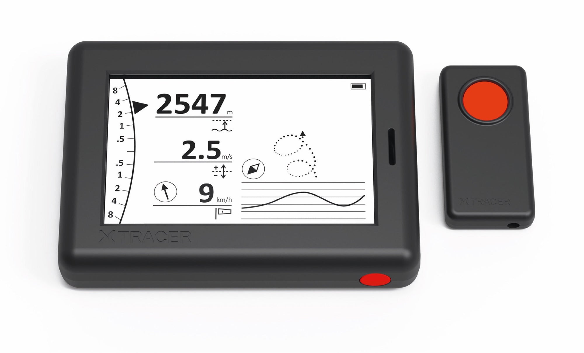 XC Tracer - Remote Control, schwarze rechteckige Fernsteuerung mit rotem Knopf zum sicheren Steuern des XC Tracer Maxx beim Fliegen. Ideal für Gleitschirmzubehör.