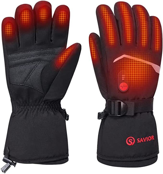 Savior HEAT Gloves Heizhandschuh: Schwarze Handschuhe mit roten Lichtern, wasserdicht, atmungsaktiv, Touchscreen-kompatibel, und gepolstert für Outdoor-Aktivitäten wie Skifahren und Wandern.