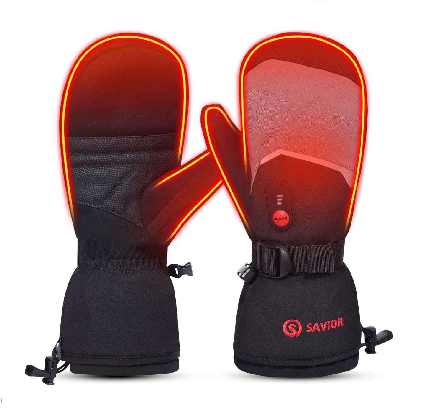 Savior HEAT Mitten Heizhandschuh mit rotem Lichtelement, wasserdicht, atmungsaktiv, doppelt beheiztem Daumen und dreistufiger Temperaturregelung, ideal für kalte Bedingungen.