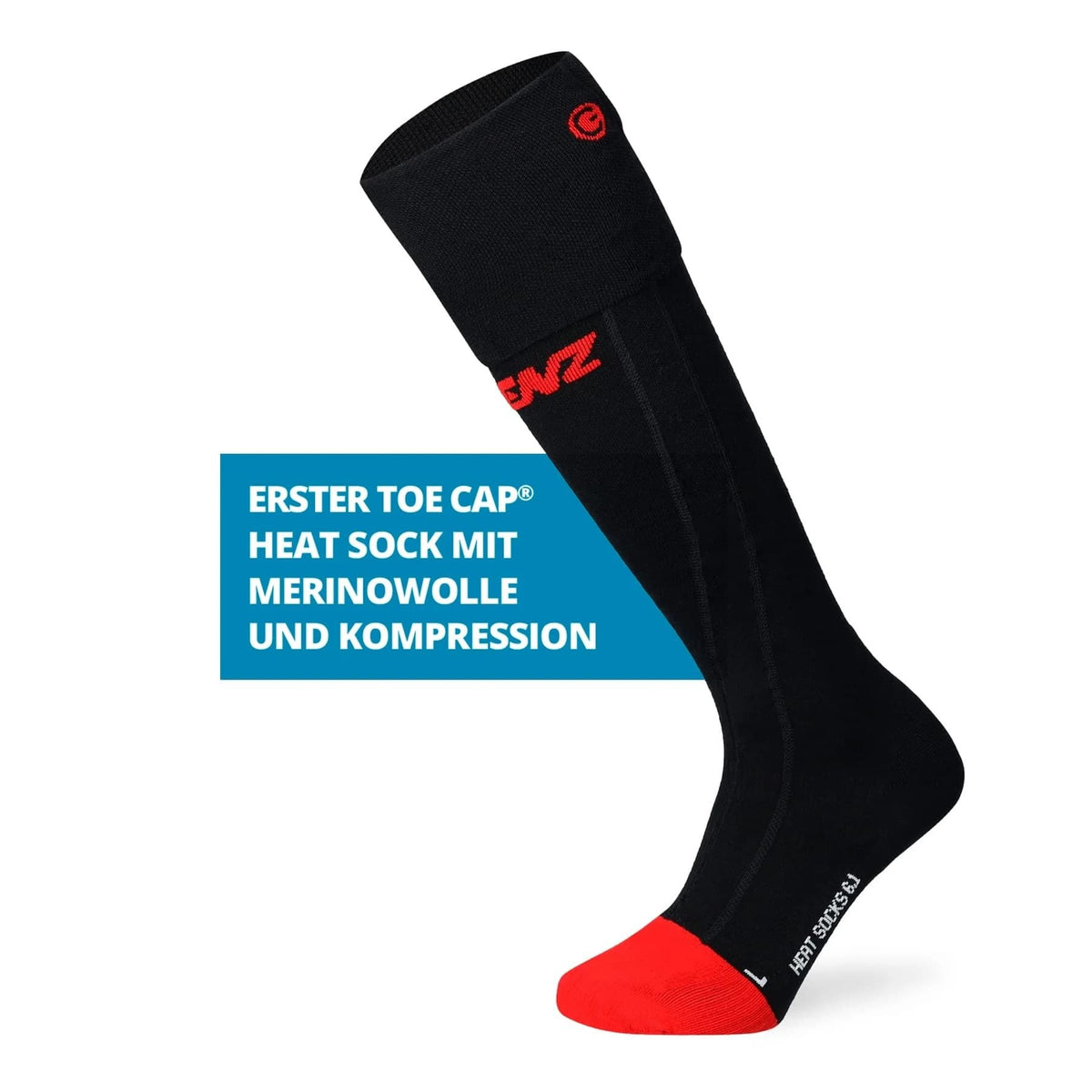 Lenz Heat Sock 6.1 Toe Cap Merino Compression, schwarze Socke mit roter Sohle, bietet integriertes Heizsystem für optimalen Komfort und Wärme bei Outdoor-Aktivitäten.