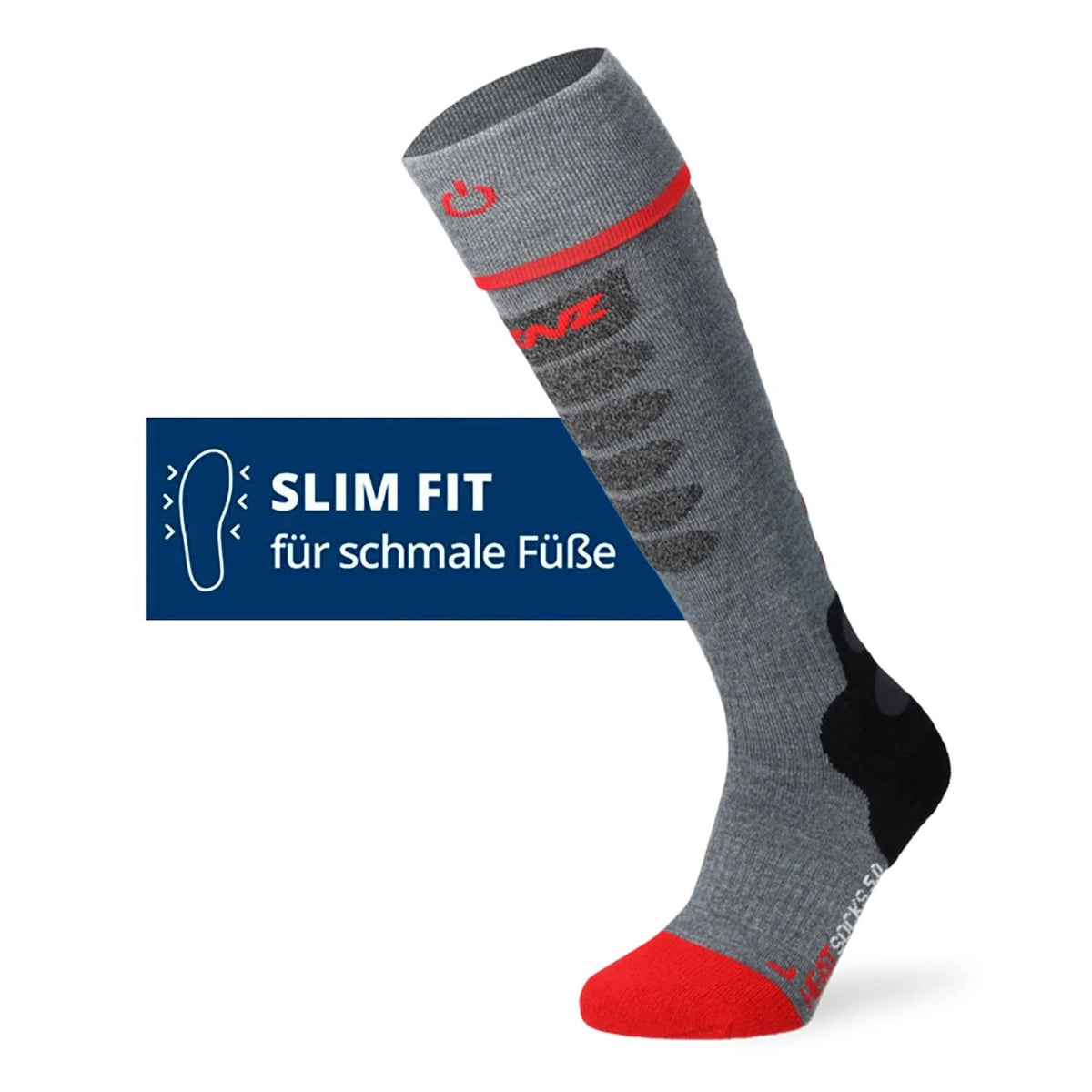 Lenz HEAT SOCK 5.1 Toe Cap Slim Fit, graue Socke mit rotem Streifen, bietet integrierte Wärmetechnologie und Protektoren für optimalen Komfort bei Gleitschirmaktivitäten.