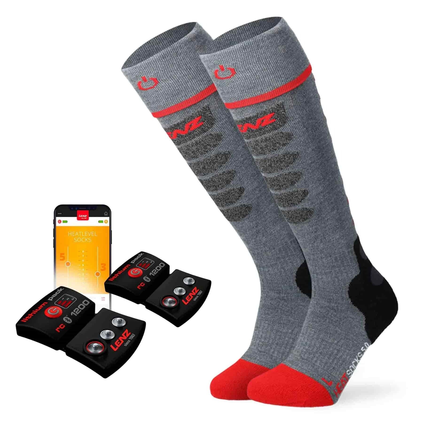 Lenz HEAT SOCK 5.1 Toe Cap Slim Fit - SET, graue Socken mit roten Akzenten und integriertem Heizelement für optimalen Komfort und Wärme.