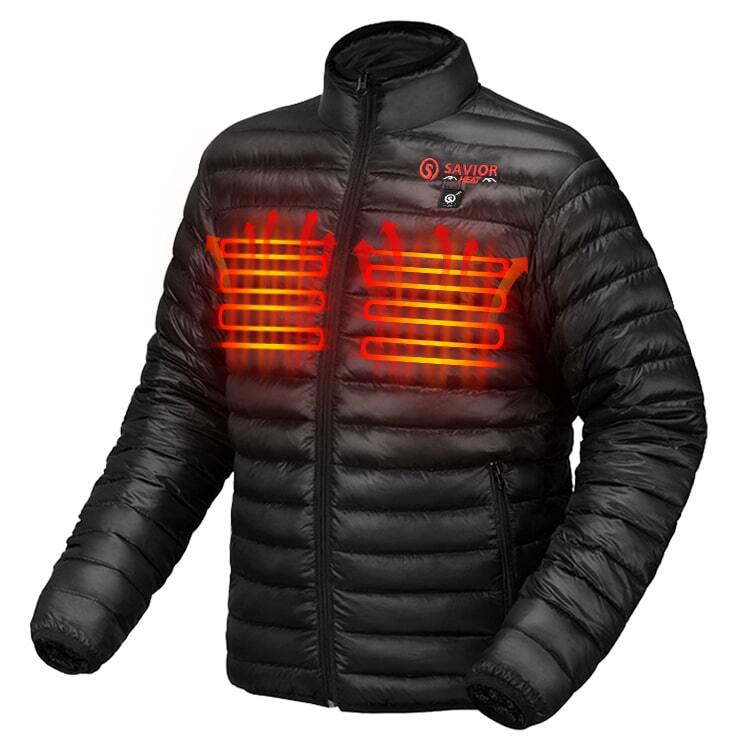 Savior HEAT Jacket Husky mit roten Lichtern, beheizbare Steppjacke für Outdoor-Aktivitäten, bietet hohen Tragekomfort und Wärme, ideal für Paragliding und Wintersport.