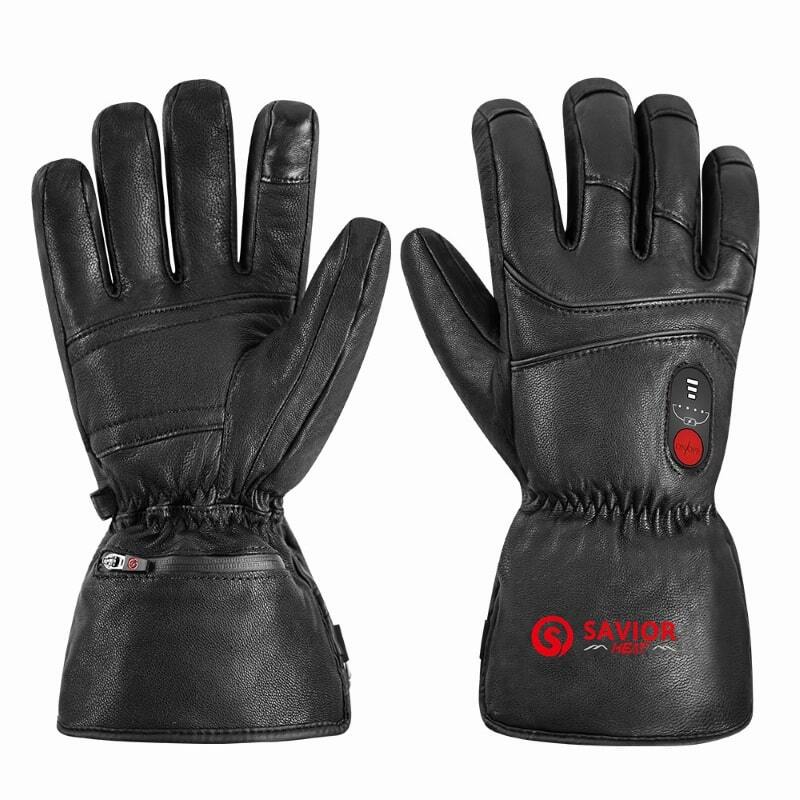 Savior HEAT Leder Heizhandschuh: Schwarze Lederhandschuhe mit Reißverschluss, rotem Knopf, atmungsaktiv, wasserdicht, winddicht, beheizbar, ideal für Wintersport und Outdoor-Aktivitäten.