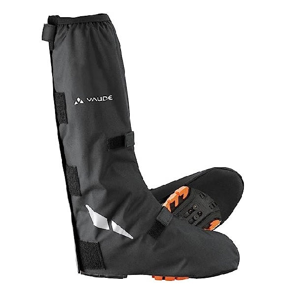 Vaude Gamaschen mit Schuhschutz, schwarze Überzugsschoner mit reflektierenden Elementen und verstärkter Sohlenspitze, schützen Schuhe vor Regen und Schnee.