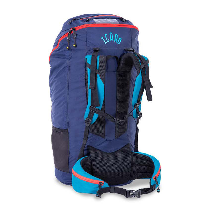 Icaro Rucksack XC und Hike & Fly, langlebiger blauer Rucksack, ideal für Gleitschirmausrüstung, ergonomisch mit großzügigem Stauraum, leicht und komfortabel für Abenteuertouren.