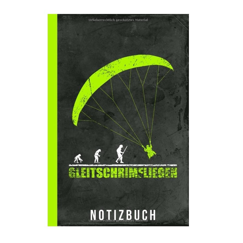 Gleitschirm Notizbuch Evolution mit grünem Fallschirmmotiv, A5-Größe, mattes Soft-Cover, ideal für Paragliding-Enthusiasten zur Flugdokumentation und Terminplanung.