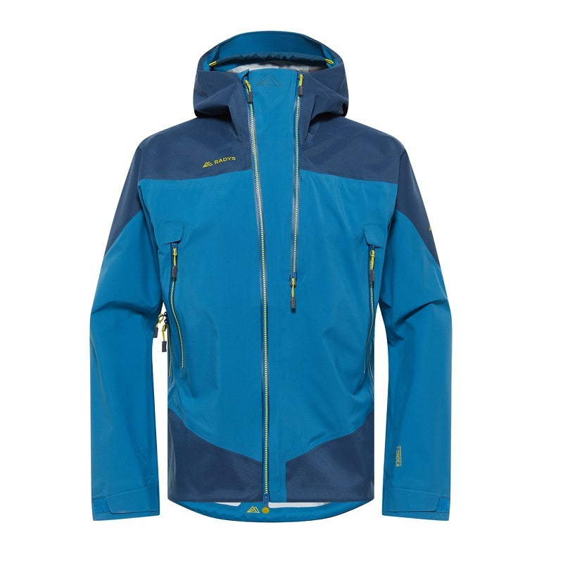 Radys R1 PRO Tech Hardshell Jacket Men mit Kapuze und Reißverschluss, ideal für Alpinisten, verstärkte Stellen und reflektierende Elemente sichtbar.