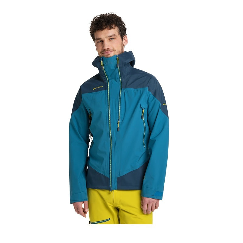 Radys R1 PRO Tech Hardshell Jacket Men mit Kapuze und Reißverschluss, ideal für Alpinisten, verstärkte Stellen und reflektierende Elemente sichtbar.