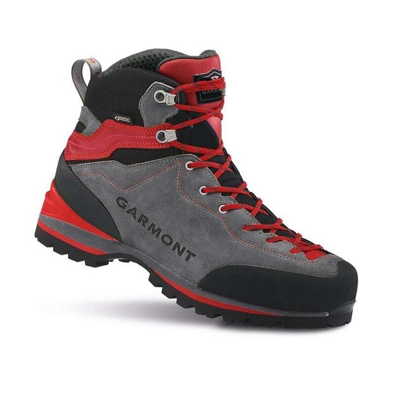 Nahaufnahme des Garmont Ascent GTX Herren-Bergschuhs mit strapazierfähigem Veloursleder und Vibram-Sohle, ideal für Trekking und Klettersteige.