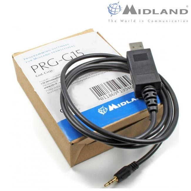 Midland PRG-15 Programmierset auf Box, gezeigt mit USB-Kabel zur Programmierung von Midland Funkgeräten, inklusive Software auf CD-ROM.