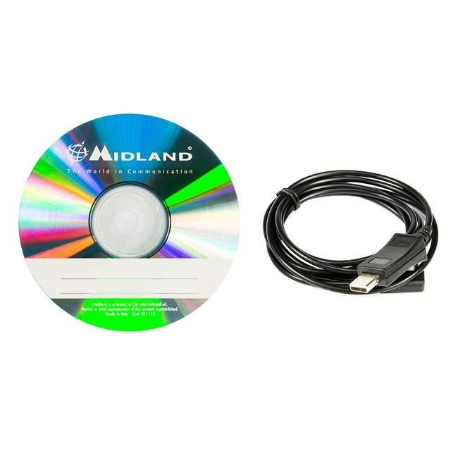 Midland PRG-15 Programmierset auf Box, gezeigt mit USB-Kabel zur Programmierung von Midland Funkgeräten, inklusive Software auf CD-ROM.