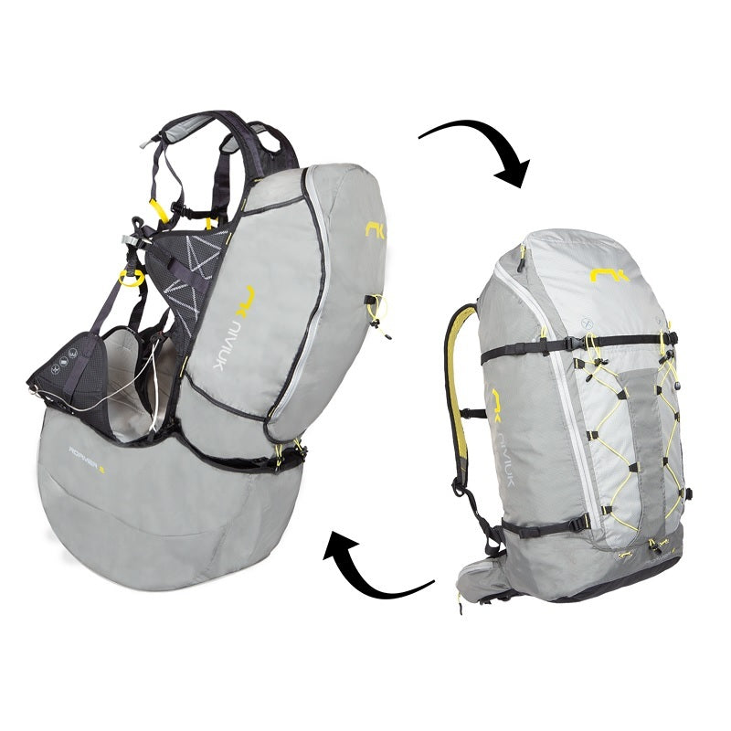 Niviuk Roamer 2 Hike&amp;Fly Gurtzeug, grauer Rucksack mit gelben Akzenten, bietet innovative Lastverteilung und hohen Komfort für Paragliding-Abenteuer.