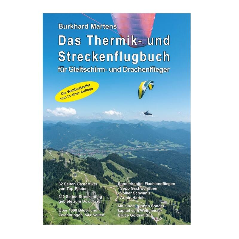 Buchcover von Das Thermik- und Streckenflugbuch mit Landschaft und Fallschirm, ideal für Gleitschirm-Enthusiasten, bietet umfangreiche Tipps und über 1000 Bilder.