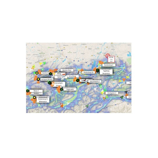 Burnair Map Premium Abo - Zum Vorteilspreis: Landkarte mit verschiedenen Richtungen und farbigen Beschriftungen, ideal für Gleitschirmflieger von Paragliding24.ch.