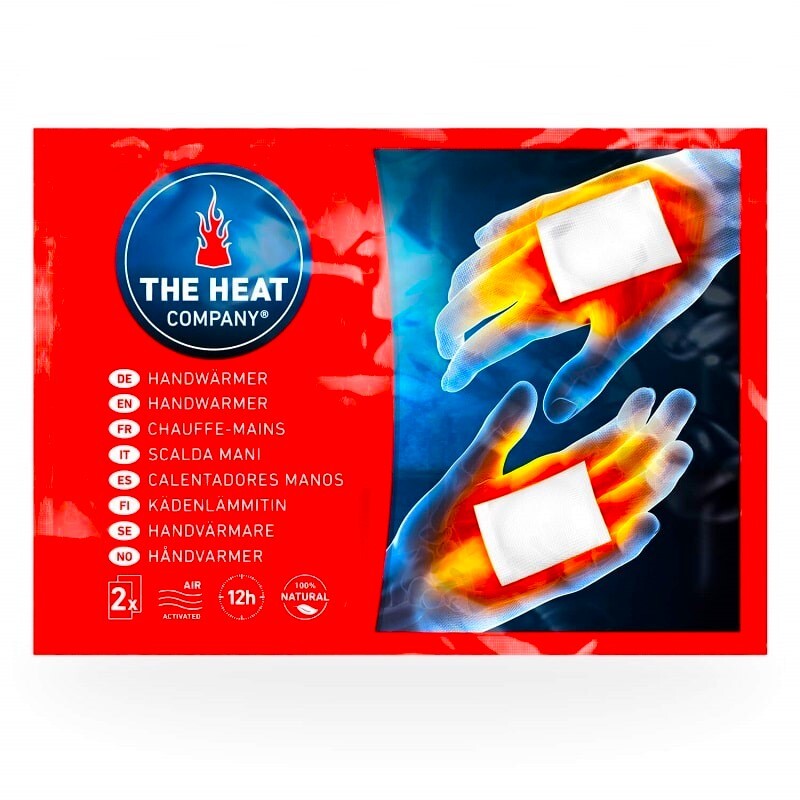 Handwärmer von The Heat Company, rotes Paket mit Handgrafik, bietet 12 Stunden natürliche Wärme; ideal für Outdoor-Aktivitäten, praktisch für Jackentaschen oder Handschuhe.