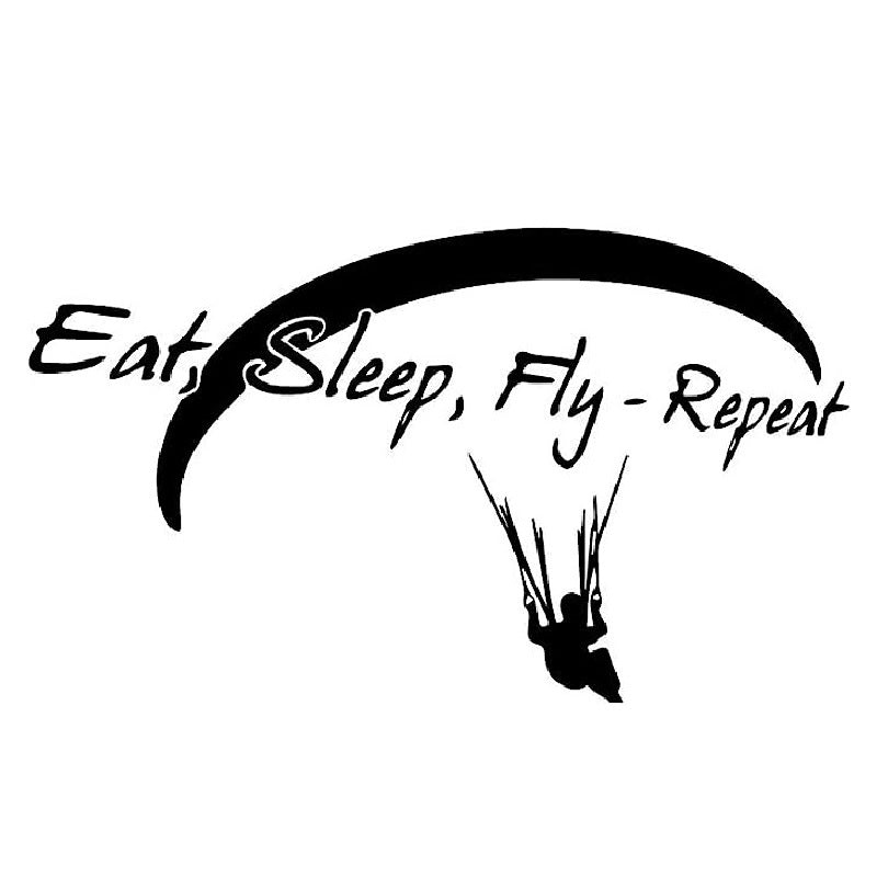 Autoaufkleber Eat - Sleep - Fly - Repeat mit Paragliding-Motiv, ideal für Autos oder als Geschenk, erhältlich in zwei Größen. Hochwertiges Design für Gleitschirmfans.