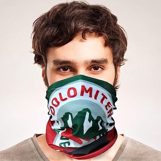 Bandana Dolomiten mit Logo, nahtloses Design aus Mikrofaser, ideal für Paragliding und Outdoor-Aktivitäten, schützt vor Wind, Wetter und UV-Strahlung.