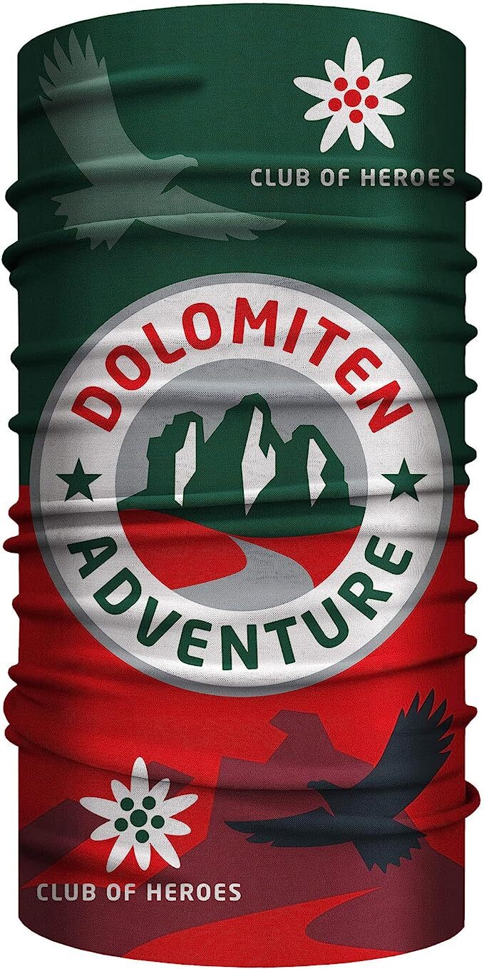 Bandana Dolomiten mit Logo, nahtloses Design aus Mikrofaser, ideal für Paragliding und Outdoor-Aktivitäten, schützt vor Wind, Wetter und UV-Strahlung.