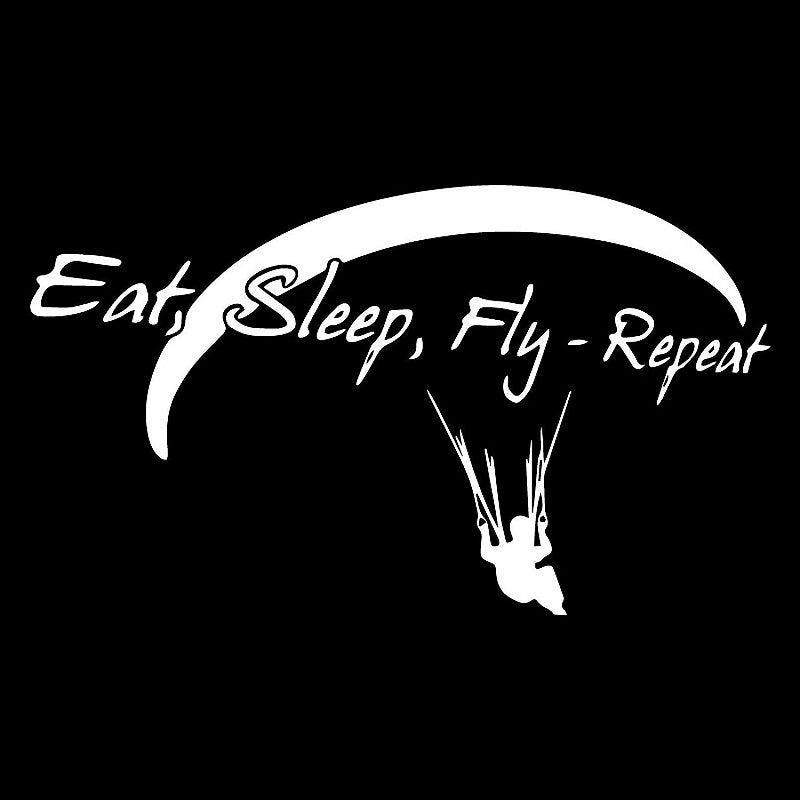 Autoaufkleber Eat - Sleep - Fly - Repeat mit Paragliding-Motiv, ideal für Autos oder als Geschenk, erhältlich in zwei Größen. Hochwertiges Design für Gleitschirmfans.