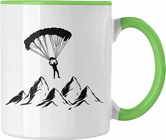 Gleitschirm Kaffee Tasse Paragliding Berge mit Motiv eines fallenden Gleitschirmfliegers, ideal für Gleitschirmflieger-Fans, beidseitig bedruckt und spülmaschinenfest.
