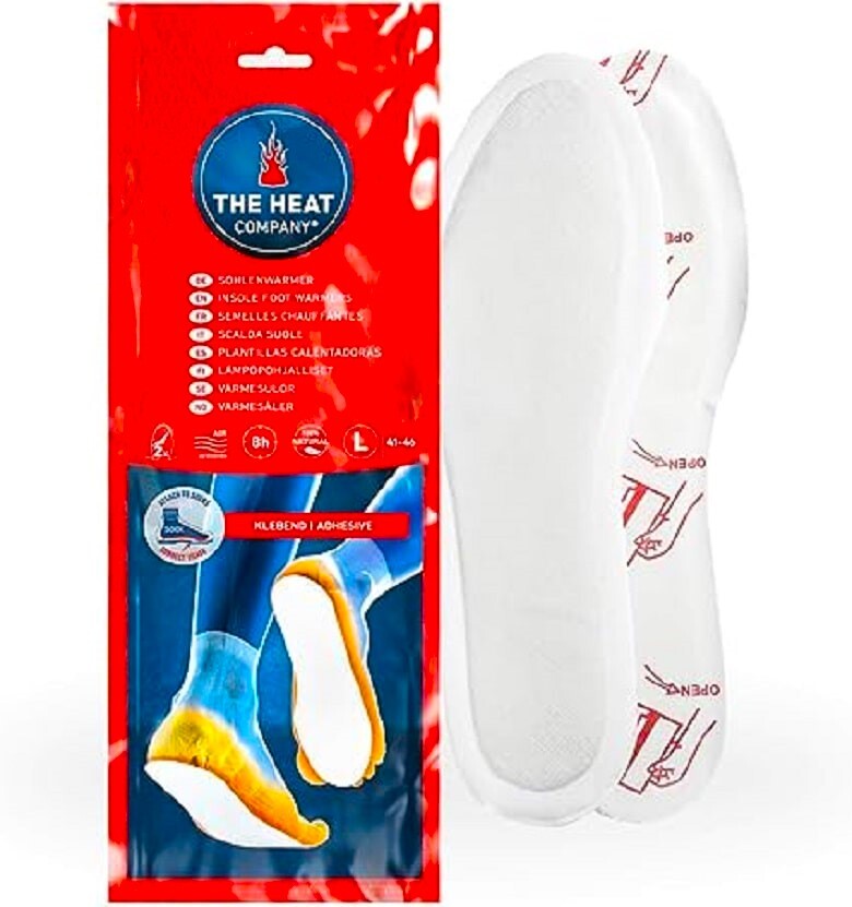 Wärmesohlen - The Heat Company, weiße Sohlenwärmer in roter Verpackung für 8 Stunden natürliche Wärme, ideal für Outdoor-Aktivitäten und alle Schuhe.