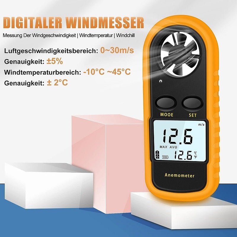 Hand-Windmesser / Anemometer mit kleinem Bildschirm und Lüfter zur Messung von Windgeschwindigkeit und -temperatur, ideal für Gleitschirmfliegen und andere Outdoor-Aktivitäten.