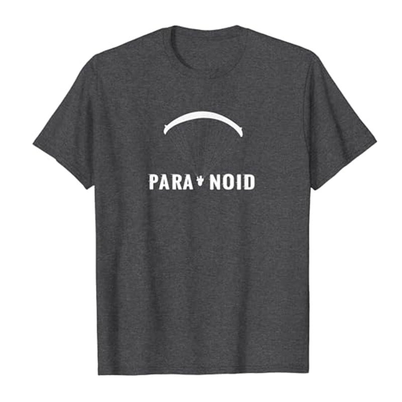 Graues Paragliding T-Shirt Paranoid mit weißem Text, ideal für Gleitschirmflieger, klassisch geschnitten, aus 100% Baumwolle. Perfekt für Paragliding-Enthusiasten.