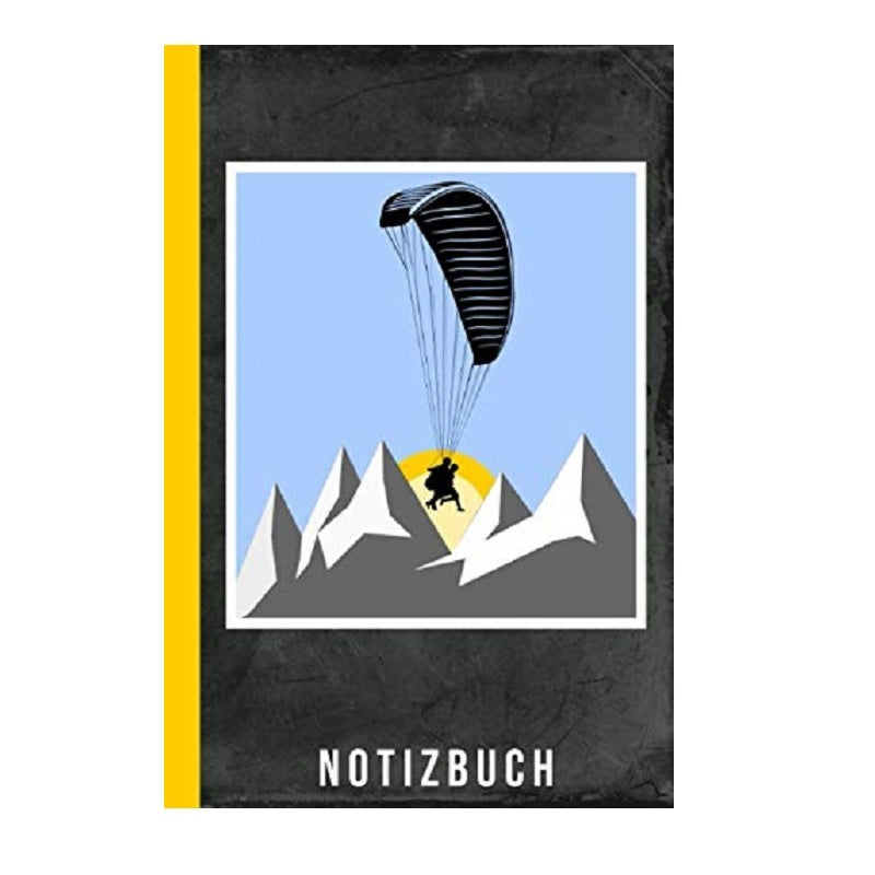 Gleitschirm Notizbuch Berge mit Paragliding-Motiv über Berglandschaft, ideal für Flugsport-Enthusiasten zum Dokumentieren von Gleitschirmflügen, handlich und elegant gestaltet.