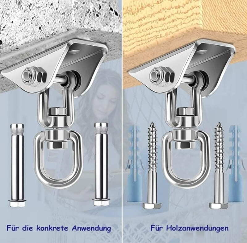 Deckenhalterung für Gurtzeug Aufhängung, inklusive Schrauben, ideal zur sicheren Befestigung an Holz- oder Betondecken; robustes Design für einfache Einstellung.