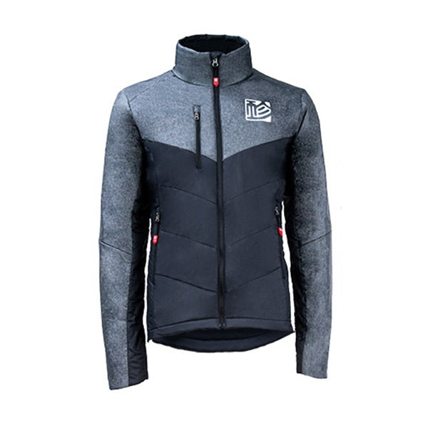 GIN Graphit Jacket mit roten Akzenten, langer Ärmeln und Handschlaufen, ideal für Gleitschirmfliegen, ausgestattet mit Comfortemp®-Isolierung für Wärme und Komfort.