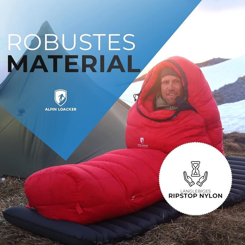 Alpin Loacker Daunen Schlafsack Extreme, leichter Mumien-Schlafsack für extreme Bedingungen, ideal für Trekking und Bergsteigen, mit RDS-zertifizierter Daunenfüllung und recyceltem Nylonmaterial.