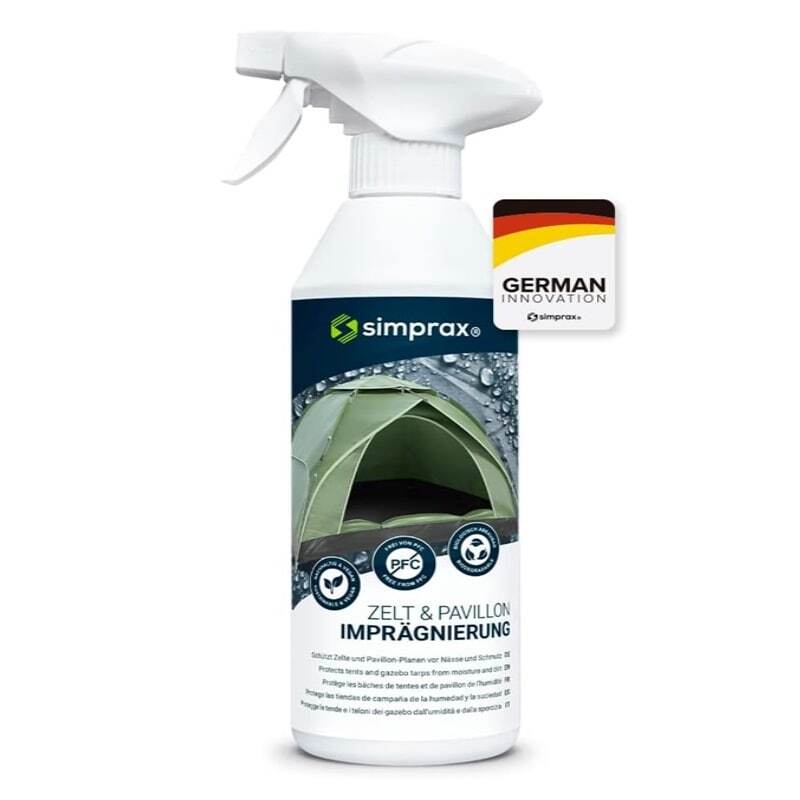 Simprax hightec Zelt Imprägnierung: Weißer Sprühflasche, ideal für wasserabweisende Zeltpflege. 500ml, ökologisch abbaubar, zertifiziert für technische Textilien.