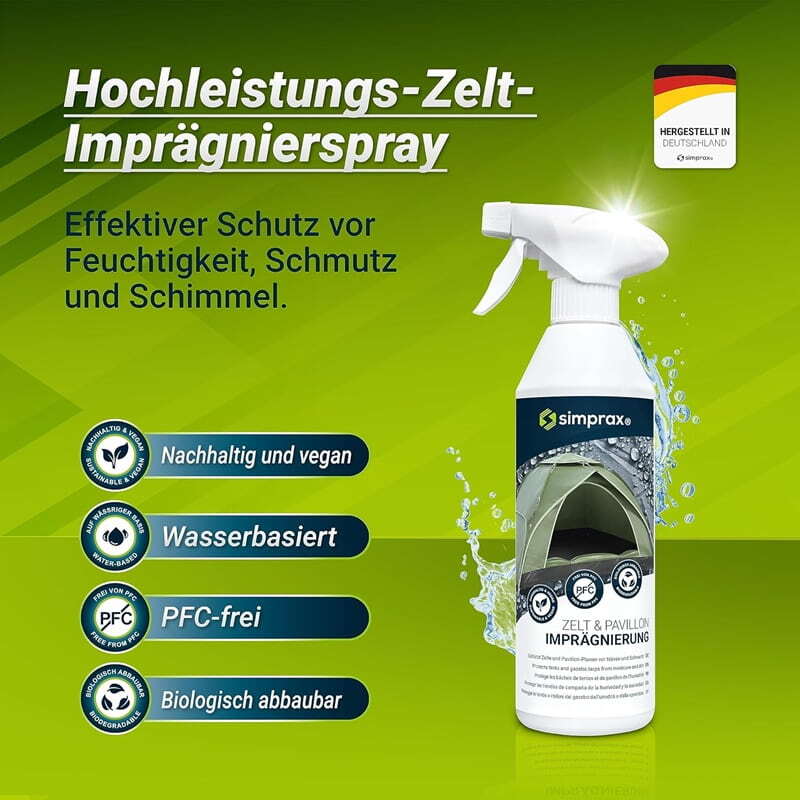 Simprax hightec Zelt Imprägnierung: Weißer Sprühflasche, ideal für wasserabweisende Zeltpflege. 500ml, ökologisch abbaubar, zertifiziert für technische Textilien.