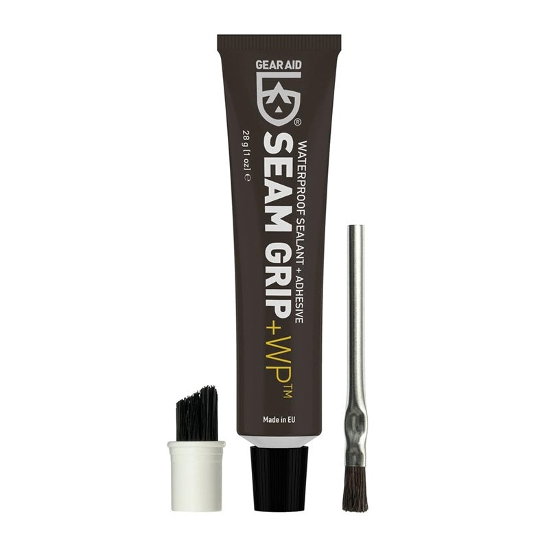 SeamGrip Zeltnaht-Versiegelung und Repair-Gel in einer schwarzen Tube mit Borstenaufsatz, ideal zum Abdichten und Reparieren von Zeltnähten und Outdoor-Ausrüstung.