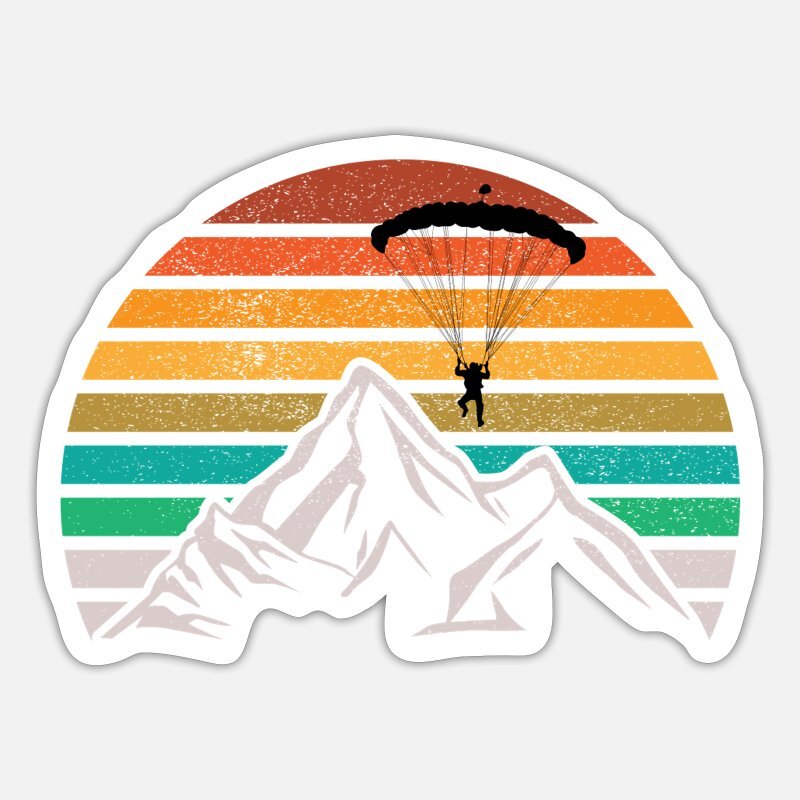 Sticker Paragliding Berge mit Silhouette eines Paragliders über Bergen, ideal für Laptops und Helme, aus langlebigem, wasserfestem Vinyl, leicht entfernbar.