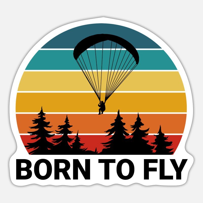 Sticker Paragliding - Born to Fly: Illustration einer Person beim Paragliden, ideal für glatte Oberflächen, langlebig und wasserfest, aus hochwertigem Vinyl.