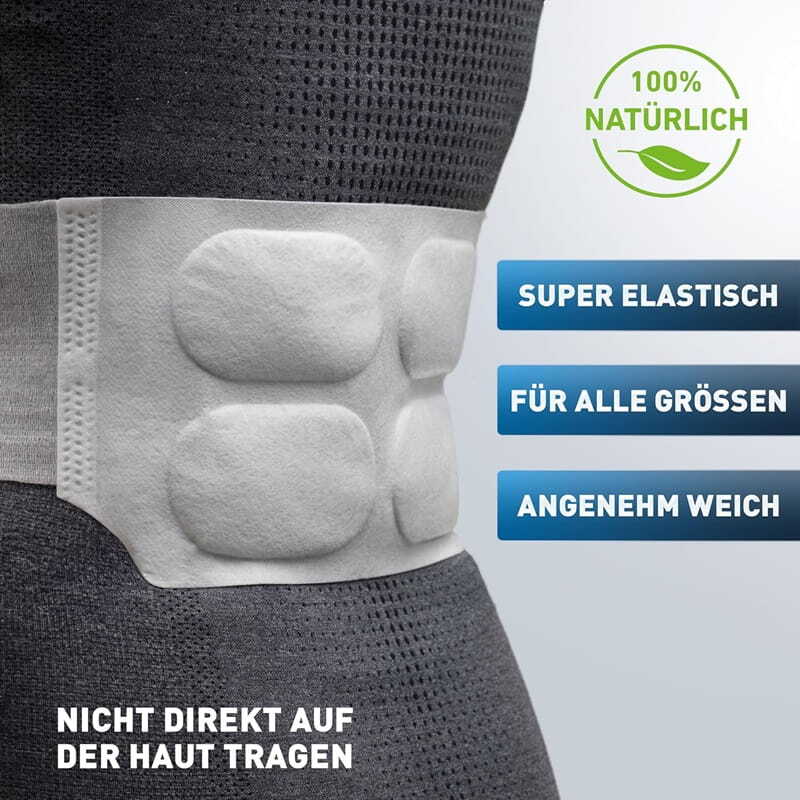 Wärmegürtel von The Heat Company in Verpackung, ideal für Outdoor-Aktivitäten; spendet über 12 Stunden wohltuende Wärme mit Klettverschluss und flexiblen Wärmezellen.