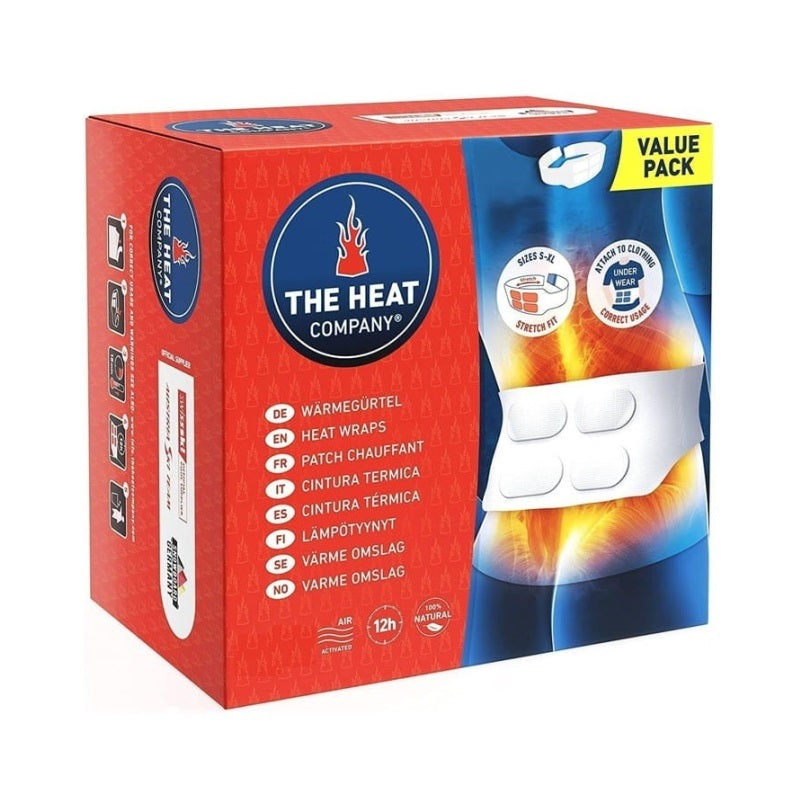 Wärmegürtel von The Heat Company in Verpackung, ideal für Outdoor-Aktivitäten; spendet über 12 Stunden wohltuende Wärme mit Klettverschluss und flexiblen Wärmezellen.