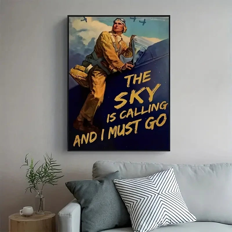 Leinwand Retro The Sky is Calling mit Paragliding-Motiv, perfekt zum Einrahmen und Aufhängen als Wanddeko für Gleitschirm-Enthusiasten.