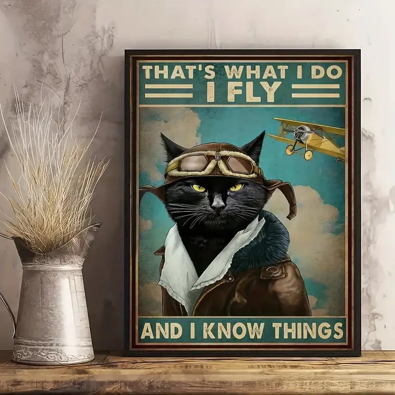 Leinwand Retro Thats what I do - I Fly mit einer Katze als Pilot mit Hut und Brille, perfekt zum Einrahmen und als Wanddekoration.