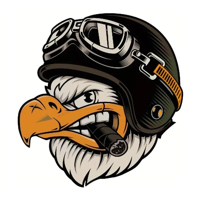 Cartoon-Adler mit Helm und Zigarre, Sticker Adler-Pilot, 6,5x6,5cm, Vinyl, wasserfest, für glatte Oberflächen. Ideal für Laptop, Helm, Auto.