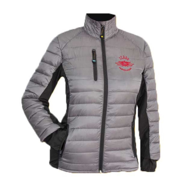 Icaro Team Gleitschirmjacke - Damen, grau, mit Logo, gesteppt, tailliert, ideal zum Gleitschirmfliegen, mit Softshell-Einsätzen, mehreren Taschen und Kopfhörerschlaufe.