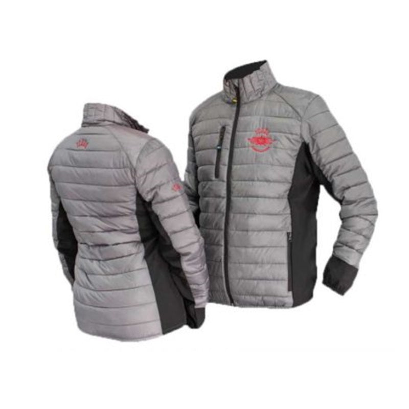 Icaro Team Gleitschirmjacke - Damen, grau, mit Logo, gesteppt, tailliert, ideal zum Gleitschirmfliegen, mit Softshell-Einsätzen, mehreren Taschen und Kopfhörerschlaufe.