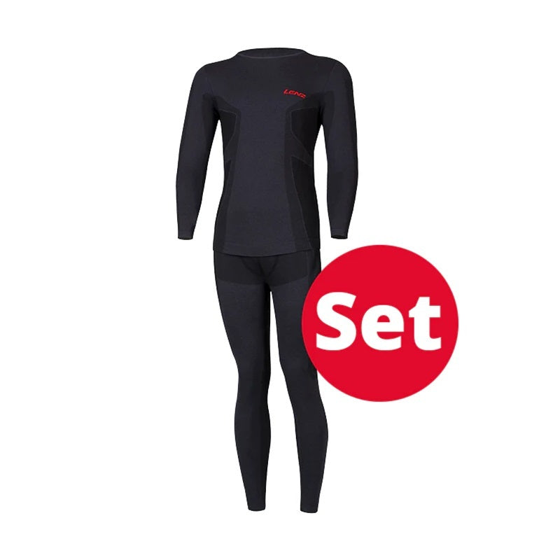 Lenz Merino 6.0 Longsleeve SET - Herren, schwarzes Thermoset mit langärmligem Shirt und langer Unterhose aus Merinowolle für optimale Wärmeisolation und Bewegungsfreiheit.