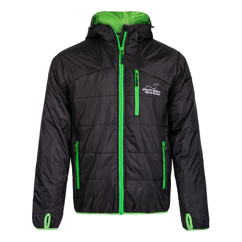 WindsRiders Primaloft Jacke mit Kapuze und Reißverschluss, ideal für Paragliding, bietet leichte Wärmeisolierung und Bewegungsfreiheit. Perfekt für den Übergang und Outdoor-Abenteuer.