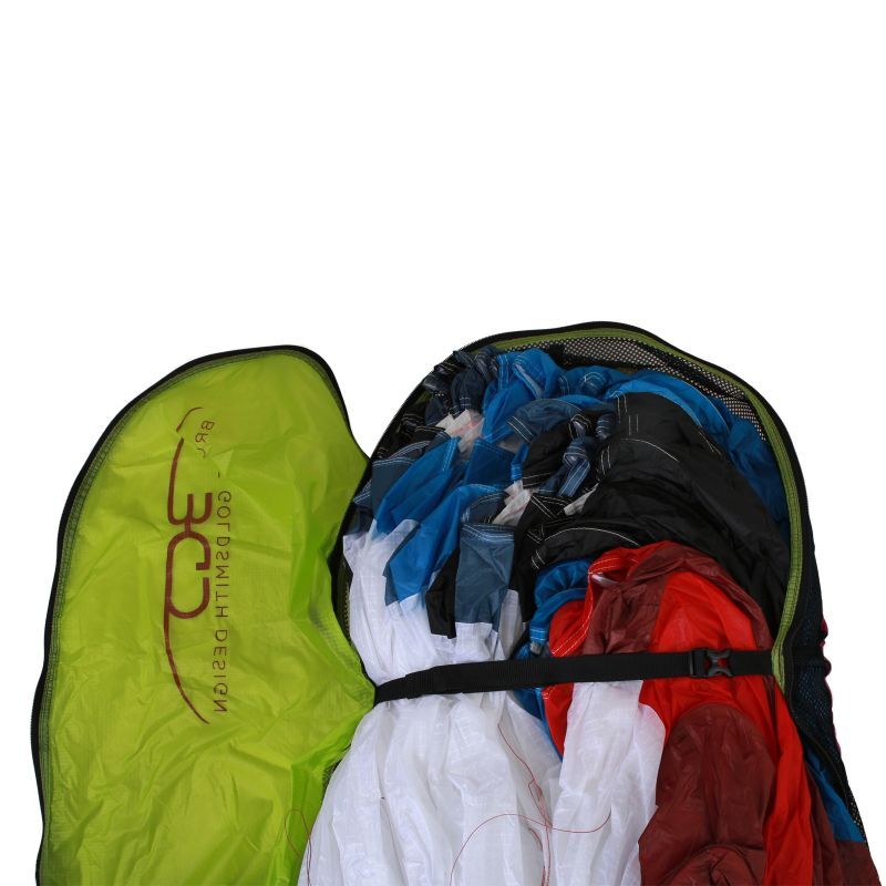 BGD Zellenpacksack mit Netzstoff und Packband, ideal zum Schutz und zur Lagerung von Gleitschirmen, mit Öffnung für Leinen und innovativem Reißverschluss.