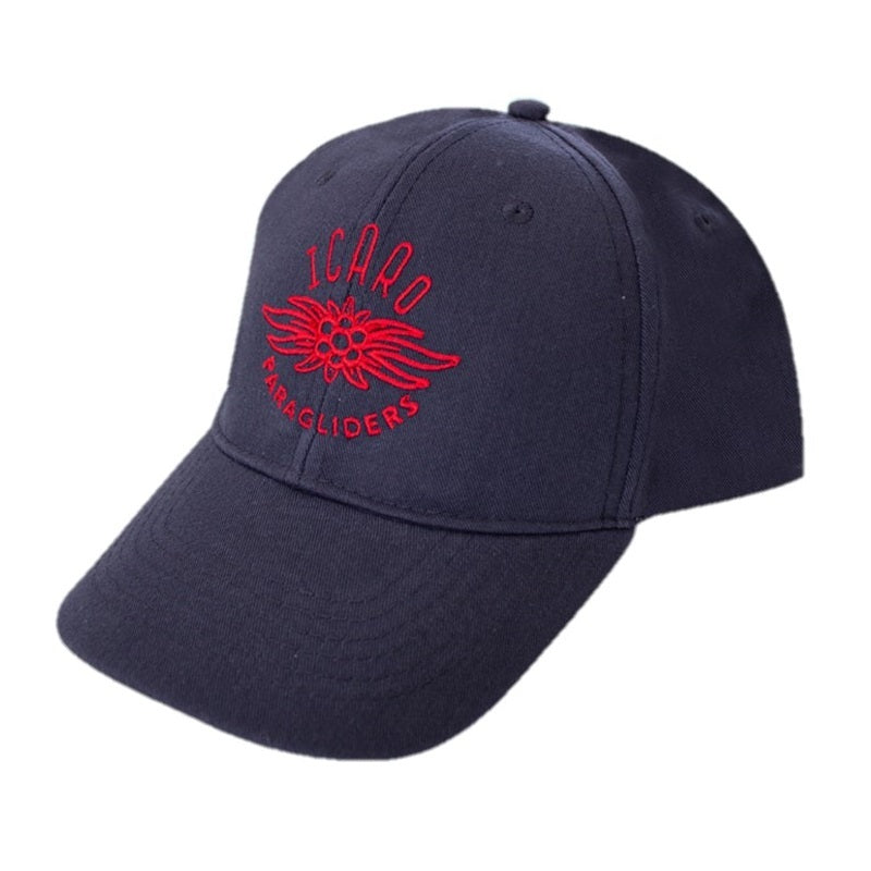 Icaro Baseball Cap mit eingesticktem Logo, ideal für Gleitschirmflieger. Hochwertige Verarbeitung schützt vor Sonne und Wind, perfekter Begleiter für Flugtage.