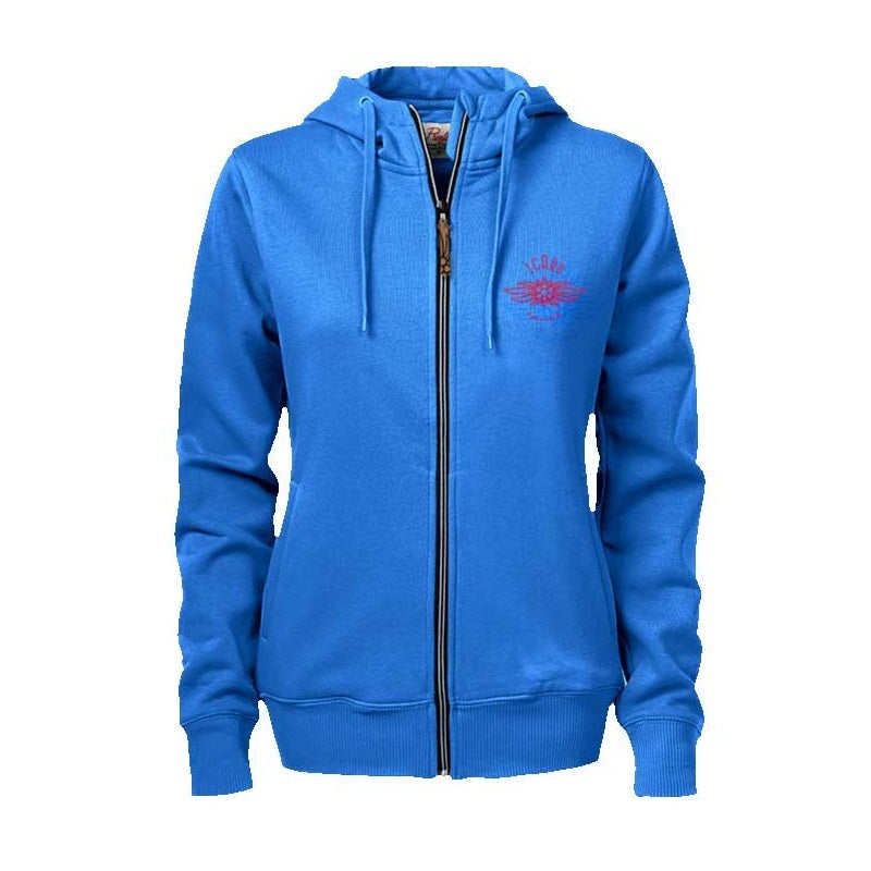 Icaro Zip Hoodie, ein blauer Kapuzenpullover mit Reißverschluss, ideal für Gleitschirmflieger, vereint Stil und Funktionalität für kühle Tage.