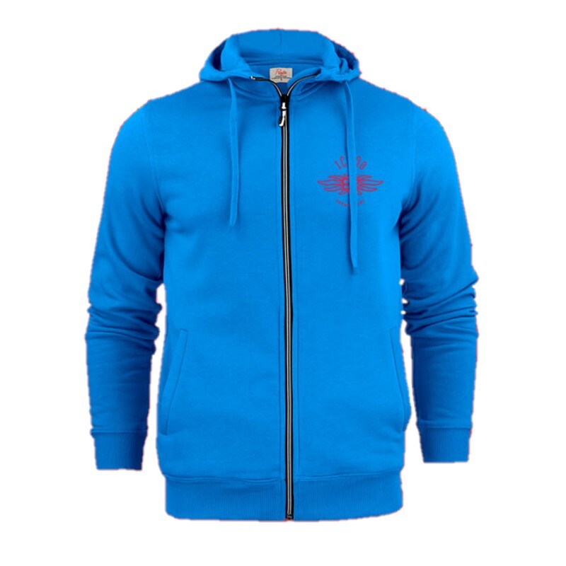 Icaro Zip Hoodie, ein blauer Kapuzenpullover mit Reißverschluss, ideal für Gleitschirmflieger, vereint Stil und Funktionalität für kühle Tage.